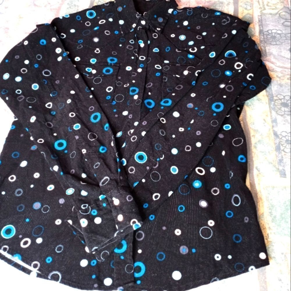 Cruel Girl M BlackMlticlrdPolkaDots Pockets Lngslvs CottonButtonUp Women's Shirt